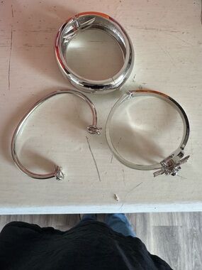 Silver Tone Bangle Bracelet Trio - 1 cuff style and with hinge clasp -like new